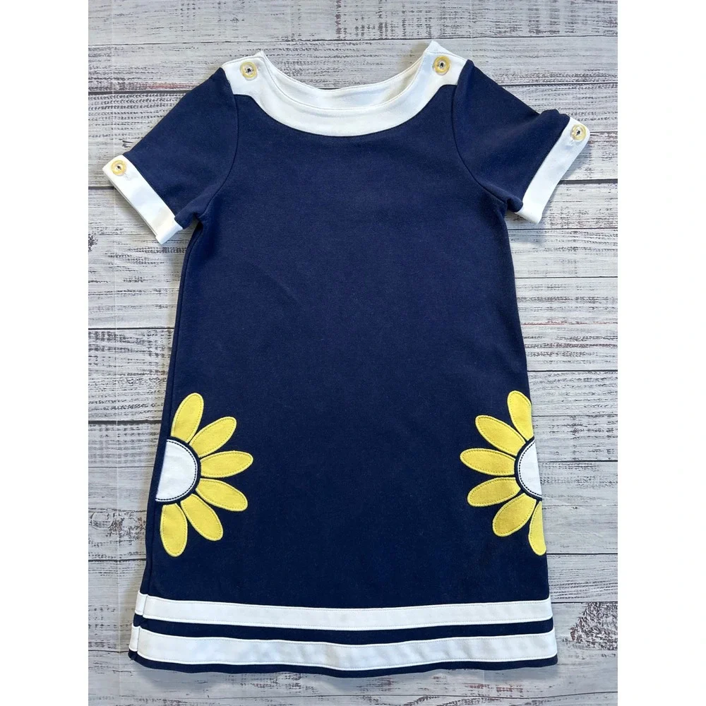 Vintage Hartstrings Daisy Applique Dress‎ Kids Navy Blue White Floral Size 7